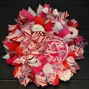 Valentine's Day Wreath XL Handmade 24 Inch Deco Mesh Pink & Red Bakery Theme